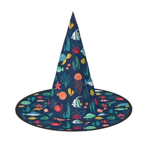 Ozeanfisch Schildkröte Quallen Druck Unisex Halloween Hexenhut faltbar für Karneval Maskeraden und Cosplay Events von FBGHHTY