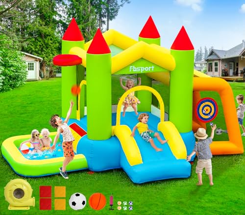FBSPORT Hüpfburg Indoor Outdoor Kinder mit Gebläse mit Rutsche, Ballspielplatz, Fußballplatz, Sandsackwerfen, Ballschießen, Basketballkorb, Bounce House für Garten Party Geschenke, 314×208×175cm von FBSPORT