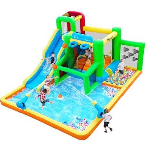 Hüpfburg mit Gebläse Trocken-/Wasserrutsch Wasserpark für Kinder Outdoor Indoor, Wasserhüpfburg Garten XXL mit Kletterwand Trampolin Basketballkorb, Hält bis zu 4 Kinder/140KG, 425 x 355 x 215 cm Hüpfburg mit Gebläse Trocken-/Wasserrutsch Wasserpark für Kinder Outdoor Indoor, Wasserhüpfburg Garten XXL mit Kletterwand Trampolin Basketballkorb, Hält bis zu 4 Kinder/140KG, 425 x 355 x 215 cm von FBSPORT