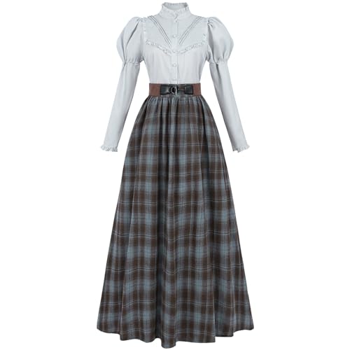 FCCAM Edwardianisches viktorianisches Kleid für Damen, 2-teilig, 1800er Jahre, kariert, viktorianisches Kostüm, Ballkleid mit Taschen, Blau, XXL von FCCAM FCCAM