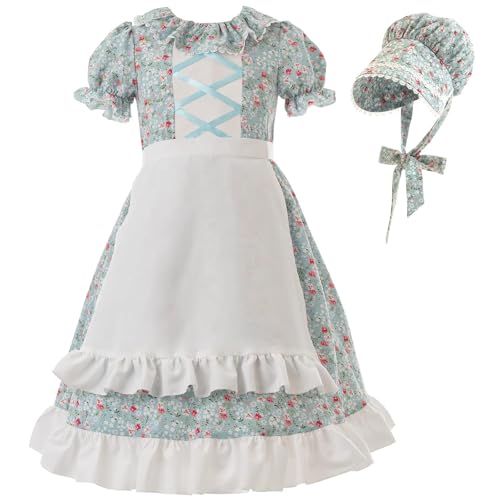 FCCAM Kolonialkostüm für Mädchen, kurzärmelig, Pionierkleider für Mädchen, Laura Ingalls Wilder Kleid mit Motorhaube, Blau, Größe S FCCAM Kolonialkostüm für Mädchen, kurzärmelig, Pionierkleider für Mädchen, Laura Ingalls Wilder Kleid mit Motorhaube, Blau, Größe S von FCCAM FCCAM