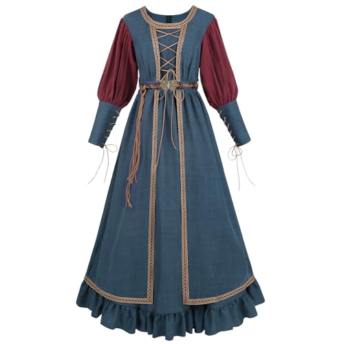 FCCAM Renaissance-Kostüm für Damen, langärmelig, Bauernkleid, Mittelalterkleid, Rüschen, Maxikleid mit Schärpe, Blau, XXL FCCAM Renaissance-Kostüm für Damen, langärmelig, Bauernkleid, Mittelalterkleid, Rüschen, Maxikleid mit Schärpe, Blau, XXL von FCCAM FCCAM