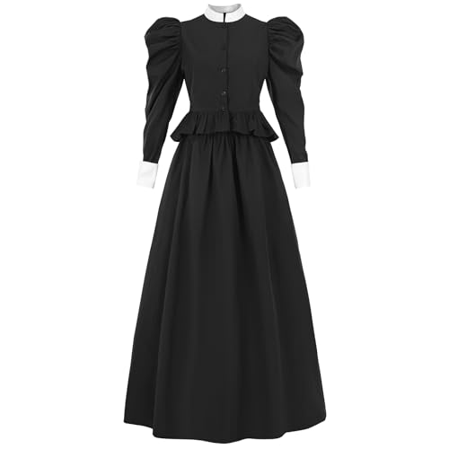 FCCAM Schwarzes viktorianisches Kleid für Damen, 2-teiliges Gigot-Ärmel, 1800er-Jahre-Kostüm, edwardianisches Kleid, Schwarz, Small von FCCAM FCCAM