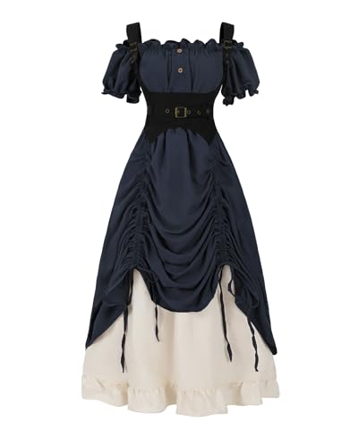 FCCAM Mittelalter Kleidung Damen Viktorianisches Kleid Renaissance Kleid Damen Gothic Dress Baumwolle Maxikleid Kurzarm, Marineblau, M von FCCAM