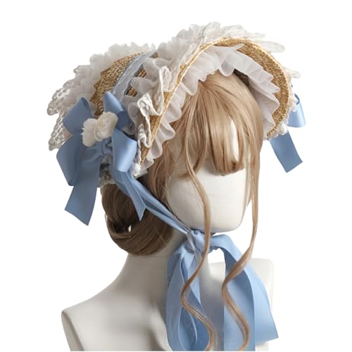 FCCAM Viktorianischer Sonnenhut für Teeparty Lolita hut, Spitze, Schleifen, Blumen, Strohhut, Lolita, Hut für Mädchen Mehrfarbige Damenmütze, Blau von FCCAM
