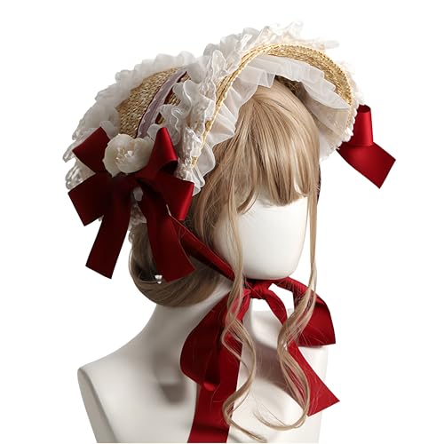 FCCAM Viktorianischer Sonnenhut für Teeparty Lolita hut, Spitze, Schleifen, Blumen, Strohhut, Lolita, Hut für Mädchen Mehrfarbige Damenmütze, Rot von FCCAM