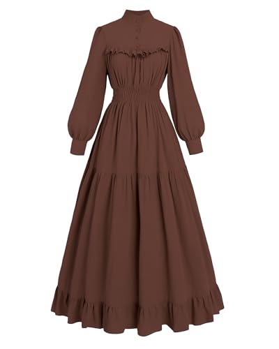 FCCAM Damen Viktorianisches Baumwolle Maxikleid Langarm Mittelalter Gothic Dress Retro Hexenkleid Herbst, Braun, M von FCCAM
