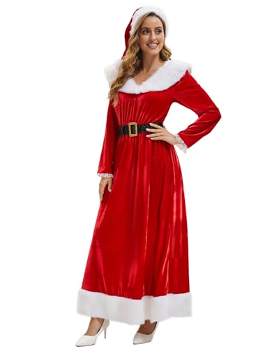 FCCAM Weihnachtsfrau Kostüm Damen – Langärmliges Samtkleid mit Matrosenkragen & Gürtel, rot-weiß | Mrs Claus Kostüm | Weihnachtsoutfit inkl. Mütze S von FCCAM