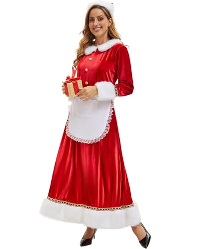 FCCAM Weihnachtsfrau Kostüm Damen – Langer Samtanzug mit Mütze & Schürze, klassisch rot-weiß | Mrs Claus Kostüm | Weihnachtskleid & Outfit L von FCCAM