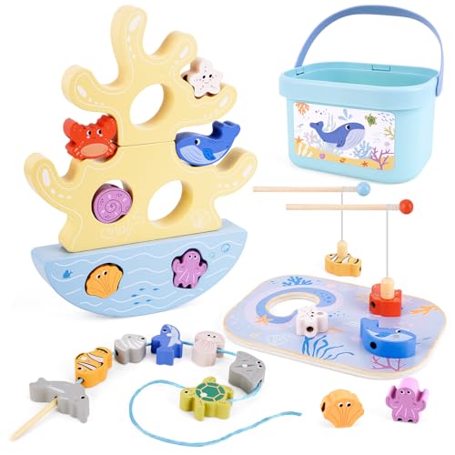 3 in 1 Kinder Holz Ausgewogenes Stapelspielzeug Montessori Spielzeug ab 3 4 5 Jahre, mit Gleichgewichtsspiel, Magnet Angelspiel, Fädelspiel, Weihnachten Geburtstag Geschenke für Junge Mädchen 3-4 von FCSONU