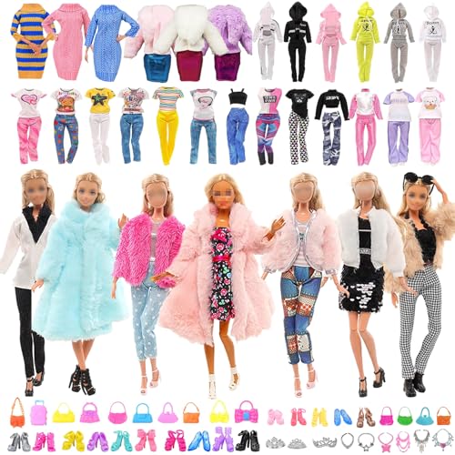 FCXQG 48 Pcs Puppen Zubehör Barby Kleidung Set Barby Kleidung Original 1 Mantel 1 Plüschoberteil 1 Pullover 1 Plüschjacke 8 Röcke 3 Oberteile 3 Hosen 10 Schuhe 10 Schmuck-Accessoires 10 Taschen von FCXQG