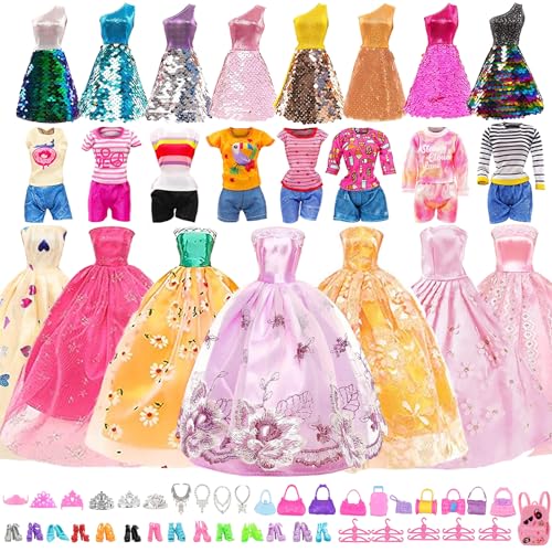 FCXQG 63 Pcs Kleidungsstücke Für Puppen Puppenkleidungs Und Zubehörset Barby Kleidung Kleidungsstücke Für Puppen 14 Outfits 1 Schulranzen 18 Accessoires 10 Schmuck 10 Taschen 10 Paar Schuhe von FCXQG