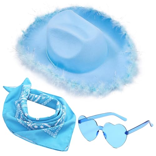 FCXVXCL Cowgirhut Hut, Cowboy Hut für Damen, Filz Cowboyhut mit Herz Brille, Blau Bandana, Cosplay Party Halloween Karneval Kostüm Zubehör 3Stück von FCXVXCL