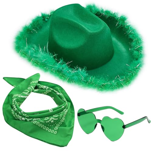 FCXVXCL Cowgirhut Hut, Cowboy Hut für Damen, Filz Cowboyhut mit Herz Brille, Grün Bandana, Cosplay Party Halloween Karneval Kostüm Zubehör 3Stück von FCXVXCL