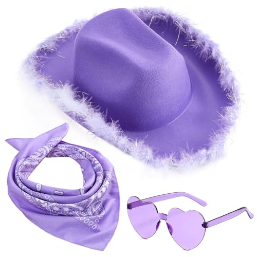FCXVXCL Cowgirhut Hut, Cowboy Hut für Damen, Filz Cowboyhut mit Herz Brille, Lila Bandana, Cosplay Party Halloween Karneval Kostüm Zubehör 3Stück von FCXVXCL