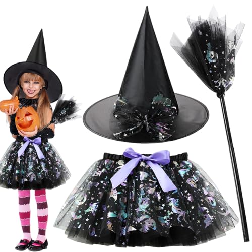 FCXVXCL Halloween Hexenkostüm, Hexe Kleider mit Tutu Hexenhut Besen Magierin Hexenkostüm Witcher Kostüm Outfit Set für Fasching Halloween Karneval Cosplay Party, Black von FCXVXCL