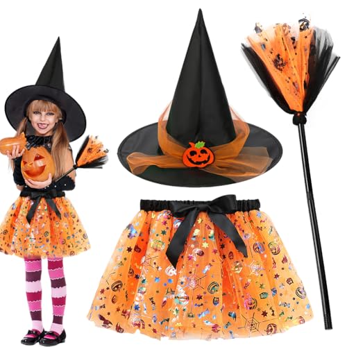 FCXVXCL Halloween Hexenkostüm, Hexe Kleider mit Tutu Hexenhut Besen Magierin Hexenkostüm Witcher Kostüm Outfit Set für Fasching Halloween Karneval Cosplay Party, Orange von FCXVXCL