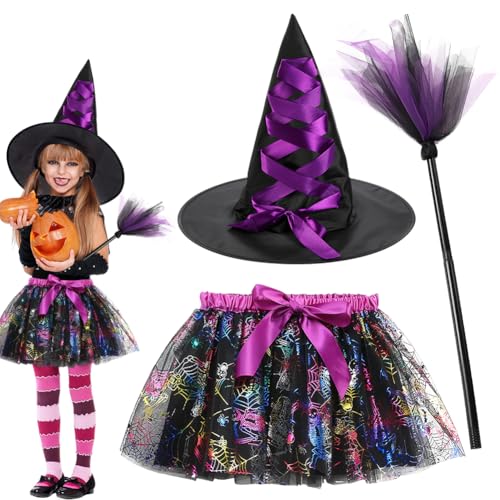 FCXVXCL Halloween Hexenkostüm, Hexe Kleider mit Tutu Hexenhut Besen Magierin Hexenkostüm Witcher Kostüm Outfit Set für Fasching Halloween Karneval Cosplay Party, Purple von FCXVXCL
