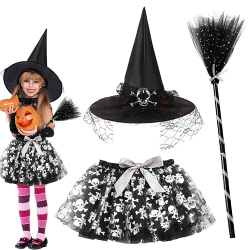 FCXVXCL Halloween Hexenkostüm, Hexe Kleider mit Tutu Hexenhut Besen Magierin Hexenkostüm Witcher Kostüm Outfit Set für Fasching Halloween Karneval Cosplay Party, Silvery1 von FCXVXCL