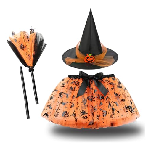 FCXVXCL Halloween Hexenkostüm, Hexe Kleider mit Tutu Hexenhut Besen Magierin Hexenkostüm Witcher Kostüm Outfit Set für Fasching Halloween Karneval Cosplay Party,Orange1 ﻿ von FCXVXCL