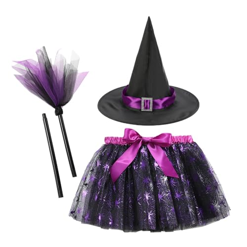 FCXVXCL Halloween Hexenkostüm, Hexe Kleider mit Tutu Hexenhut Besen Magierin Hexenkostüm Witcher Kostüm Outfit Set für Fasching Halloween Karneval Cosplay Party,Purple1 von FCXVXCL