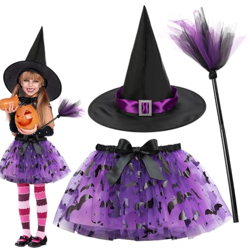 FCXVXCL Halloween Hexenkostüm, Hexe Kleider mit Tutu Hexenhut Besen Magierin Hexenkostüm Witcher Kostüm Outfit Set für Fasching Halloween Karneval Cosplay Party,Purple2 von FCXVXCL
