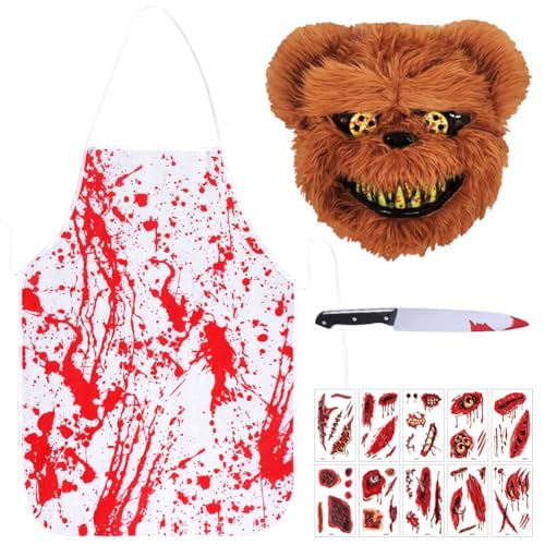 FCXVXCL Horror Bären Kostüm, 4 Stück Horror Bären Halloween Kostüme, Bloody Bären Maske, Blutige Messer, blutige Schürze und Aufklebern, Halloween Cosplay Requisiten für Erwachsene von FCXVXCL