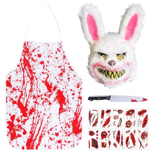 FCXVXCL Horror Hase Kostüm, 4 Stück Horror Kaninchen Halloween Kostüme, Bloody Bunny Maske, Blutige Messer, blutige Schürze und Aufklebern, Halloween Cosplay Requisiten für Erwachsene von FCXVXCL