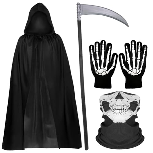 FCXVXCL Sensenmann Kostüm, Halloween Kostüm Sensenmann Umhang mit Kapuze Halloween Sense Gesichtsmaske Handschuhe, Halloween Kostüm Herren Sensenmann, Halloween Party Dekoration, Cosplay, Karneval ﻿ von FCXVXCL