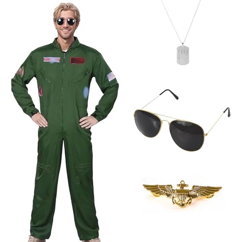 FCYQSD Herren Pilotenkostüm Flieger Cosplay Outfit, Grüner Piloten-Overall Zubehör-Set mit Halskette, Sonnenbrille, Abzeichen, Fliegerflug, Verkleidung für Herren, Erwachsene, Halloween FCYQSD Herren Pilotenkostüm Flieger Cosplay Outfit, Grüner Piloten-Overall Zubehör-Set mit Halskette, Sonnenbrille, Abzeichen, Fliegerflug, Verkleidung für Herren, Erwachsene, Halloween von FCYQSD
