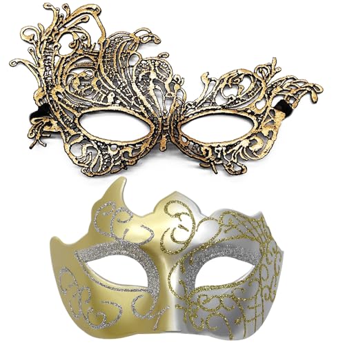 FDEETY 2 Stück Venezianische Maske Herren Damen Elegant und Geheimnisvoll Maskerade Masken Funkelnd Bemalt Zarte Spitze für Halloween Karneval Abendkleid Tanz Ball Party von FDEETY