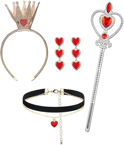 FDEETY 5teiliges Königin Kostüm Zubehör Set Krone Haarreif Zauberstab Halskette Ohrringe Verkleidung Karneval Rollenspiel Zubehör von FDEETY