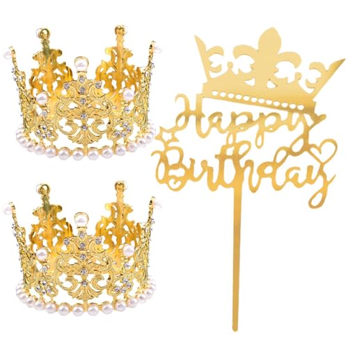 FDGGT 2 Stück Perlenkronen-Stirnbänder, 1 Stück Happy Birthday-Einsatz, Prinzessinnen-Kuchendekoration, Geburtstagsparty-Golddekoration, Kucheneinsatz FDGGT 2 Stück Perlenkronen-Stirnbänder, 1 Stück Happy Birthday-Einsatz, Prinzessinnen-Kuchendekoration, Geburtstagsparty-Golddekoration, Kucheneinsatz von FDGGT