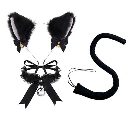 FDHBDF 3-teiliges Katze Cosplay Kostüm Set - Katzenohren Haarreif Cat Ears Kostüm Cat Costume Halsband mit Glöckchen Katzenschwanz Cosplay Set Schwarz von FDHBDF