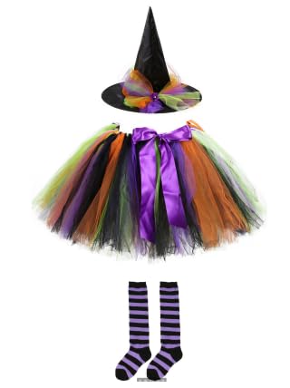 FDHBDF 3er-Set Hexenkostüm Kinder Mädchen Hexe Kostüm, Bunt Tüllrock Tütü Hexen Hut Strumpfhose, Faschingskostüme Halloween Karneval Kostüm, Geeignet für Mädchen im Alter von 7-12 Jahren von FDHBDF