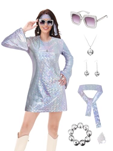 70er Jahre Disco Outfit Damen Vintage Pailletten Go Dance Kleid Kostüm Glänzendes Disco-Kleid für 70er Jahre Motto-Party, silber, M 70er Jahre Disco Outfit Damen Vintage Pailletten Go Dance Kleid Kostüm Glänzendes Disco-Kleid für 70er Jahre Motto-Party, silber, M von FEELJAM