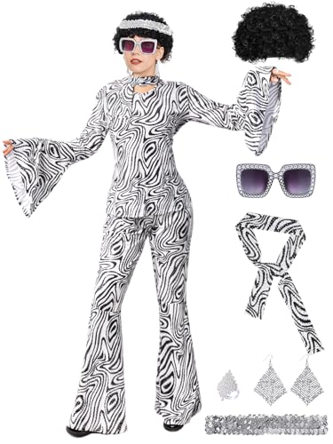 FEELJAM 70er Jahre Disco-Kostüm für Damen, Retro, 8-teiliges Disco-Kostüm mit Oberteil, Hose, Sonnenbrille, Ring, Ohrringen, Perücke (weiß, groß) von FEELJAM