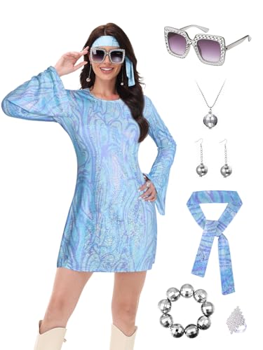 FEELJAM 70er Jahre Disco Outfit Damen Vintage Pailletten Go Dance Kleid Kostüm Glänzendes Disco-Kleid für 70er Jahre Motto-Party (Blau, klein) von FEELJAM