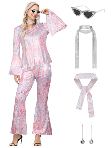 FEELJAM 70er Jahre Disco Outfits für Damen, Retro, 8-teiliges Disco-Kostüm mit Oberteil, Hose, Sonnenbrille, Ring, Ohrringe, Perücke (Rosa, groß) von FEELJAM