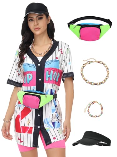 FEELJAM 80er-/90er-Jahre-Kostüm für Damen, Unisex, Hip-Hop-Baseballtrikot, Yoga-Hose, Bauchtasche, Vintage-Party-Outfit, Zubehör, Weiss/opulenter Garten, M FEELJAM 80er-/90er-Jahre-Kostüm für Damen, Unisex, Hip-Hop-Baseballtrikot, Yoga-Hose, Bauchtasche, Vintage-Party-Outfit, Zubehör, Weiss/opulenter Garten, M von FEELJAM