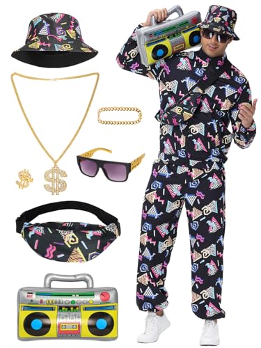 FEELJAM 80er jahre outfit herren,90er jahre outfit Retro trainingsanzug halloween kostüm herren,Hip Hop Sportbekleidung Set mit 9Stk (Black, X-Large) von FEELJAM