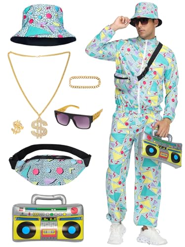FEELJAM 80er jahre outfit herren,90er jahre outfit Retro trainingsanzug halloween kostüm herren,Hip Hop Sportbekleidung Set mit 9Stk (Green, Large) von FEELJAM