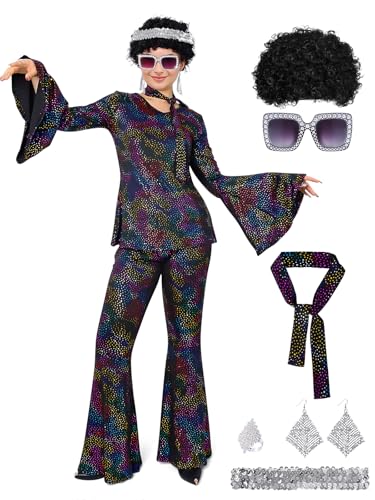 FEELJAM Disco Outfit Damen, Elastisches 8-teiliges Retro-Set mit Glitzer, 70er Disco Outfit Damen für Partys, Fasching & Kostümfeste (Schwarz, M) von FEELJAM