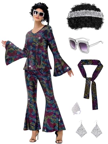 FEELJAM Disco Outfit Damen, Elastisches 8-teiliges Retro-Set mit Glitzer, 70er Disco Outfit Damen für Partys, Fasching & Kostümfeste (Schwarz, S) von FEELJAM