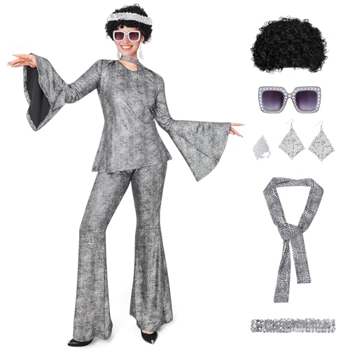FEELJAM Disco Outfit Damen, Elastisches 8-teiliges Retro-Set mit Glitzer, 70er Disco Outfit Damen für Partys, Fasching & Kostümfeste (Silber, M) von FEELJAM