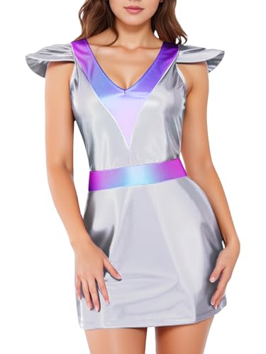 FEESHOW Damen Alien Kostüm Metallic Space Girl Kleid Glitzer Weltall Partykleid Space Costume Für Karneval Halloween Disco Silber S FEESHOW Damen Alien Kostüm Metallic Space Girl Kleid Glitzer Weltall Partykleid Space Costume Für Karneval Halloween Disco Silber S von FEESHOW