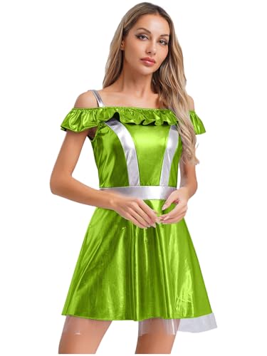 FEESHOW Damen Alien Kostüm Space Girl Kleid Metallic Glitzer Disco Space Partykleid Schulterfrei Halloween Karneval Kostüm Leuchtendes Grün M von FEESHOW