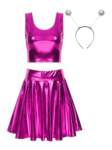 FEESHOW Damen Alien Kostüm Space Metallic Crop Tank Top Glitzer Mini Skater Rock Alien Haarreif Fasching Kostüm Holographic Festival Party Outfit Rose M von FEESHOW