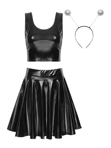 FEESHOW Damen Alien Kostüm Space Metallic Crop Tank Top Glitzer Mini Skater Rock Alien Haarreif Fasching Kostüm Holographic Festival Party Outfit Schwarz M von FEESHOW