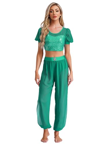 FEESHOW Damen Araber Prinzessin Kostüm Pailletten Crop Top Hose Set Märchen Cosplay Halloween Fasching Kostüm Party Tanzanzug Grün S FEESHOW Damen Araber Prinzessin Kostüm Pailletten Crop Top Hose Set Märchen Cosplay Halloween Fasching Kostüm Party Tanzanzug Grün S von FEESHOW